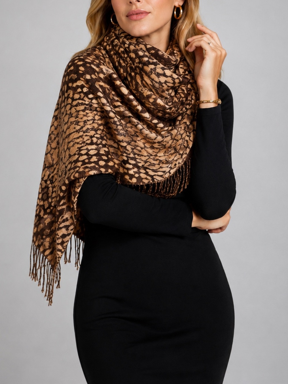 ✨🐆 Merona Brown Tan Animal Print Fringe Scarf 67” Long Soft Leopard Lightweight